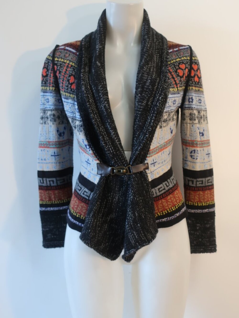 Womens Aldomartins Black, Multi Knit Cardigan Sweater W/Leather Buckle 4